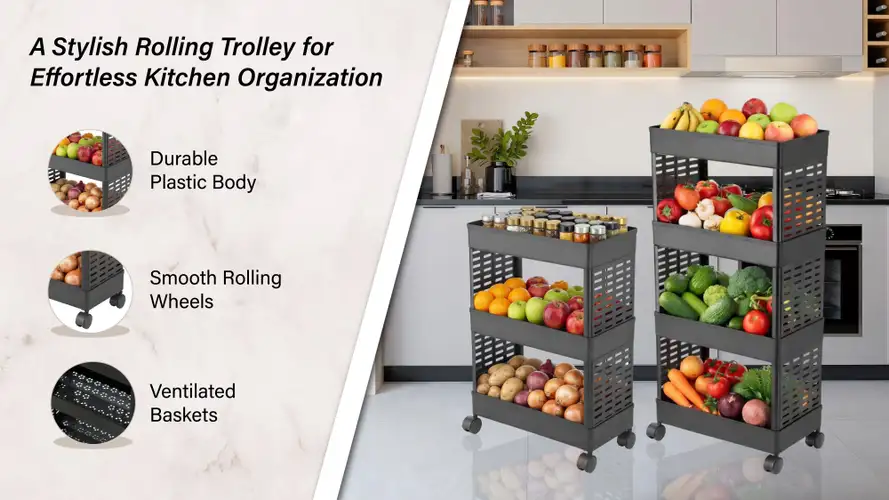 PALAK 3 Layer Plastic Kitchen Trolley Rack (Black)
