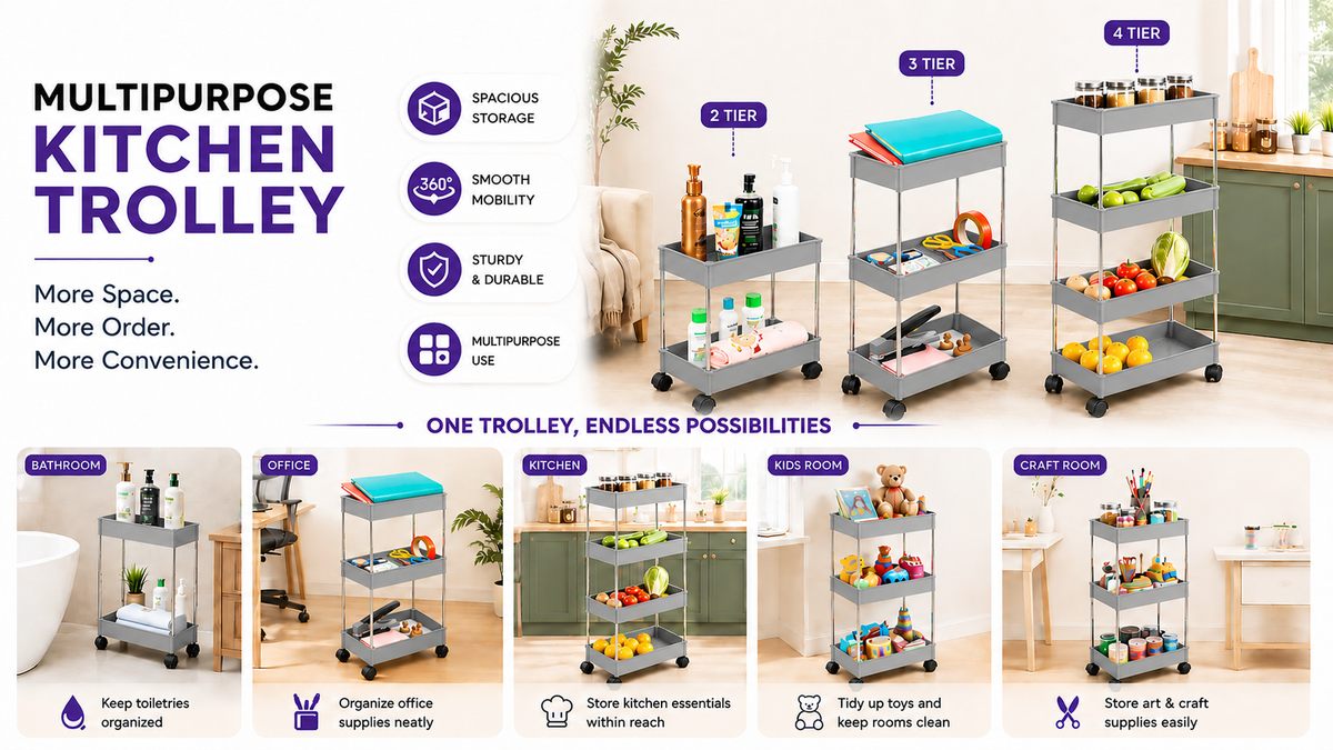 PALAK 3 Layer Plastic Kitchen Trolley (Grey)