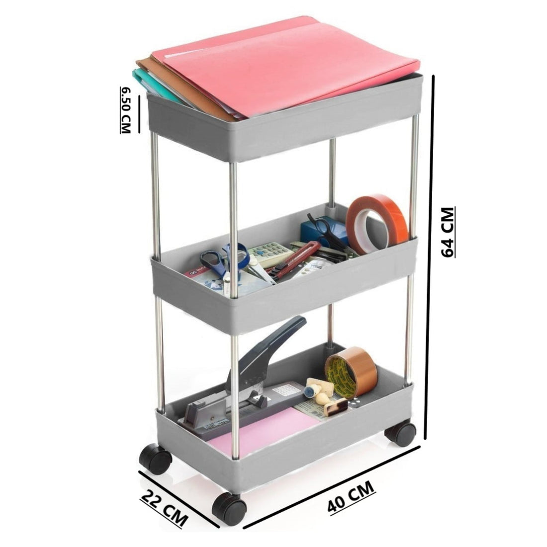 PALAK 3 Layer Plastic Kitchen Trolley (Grey)