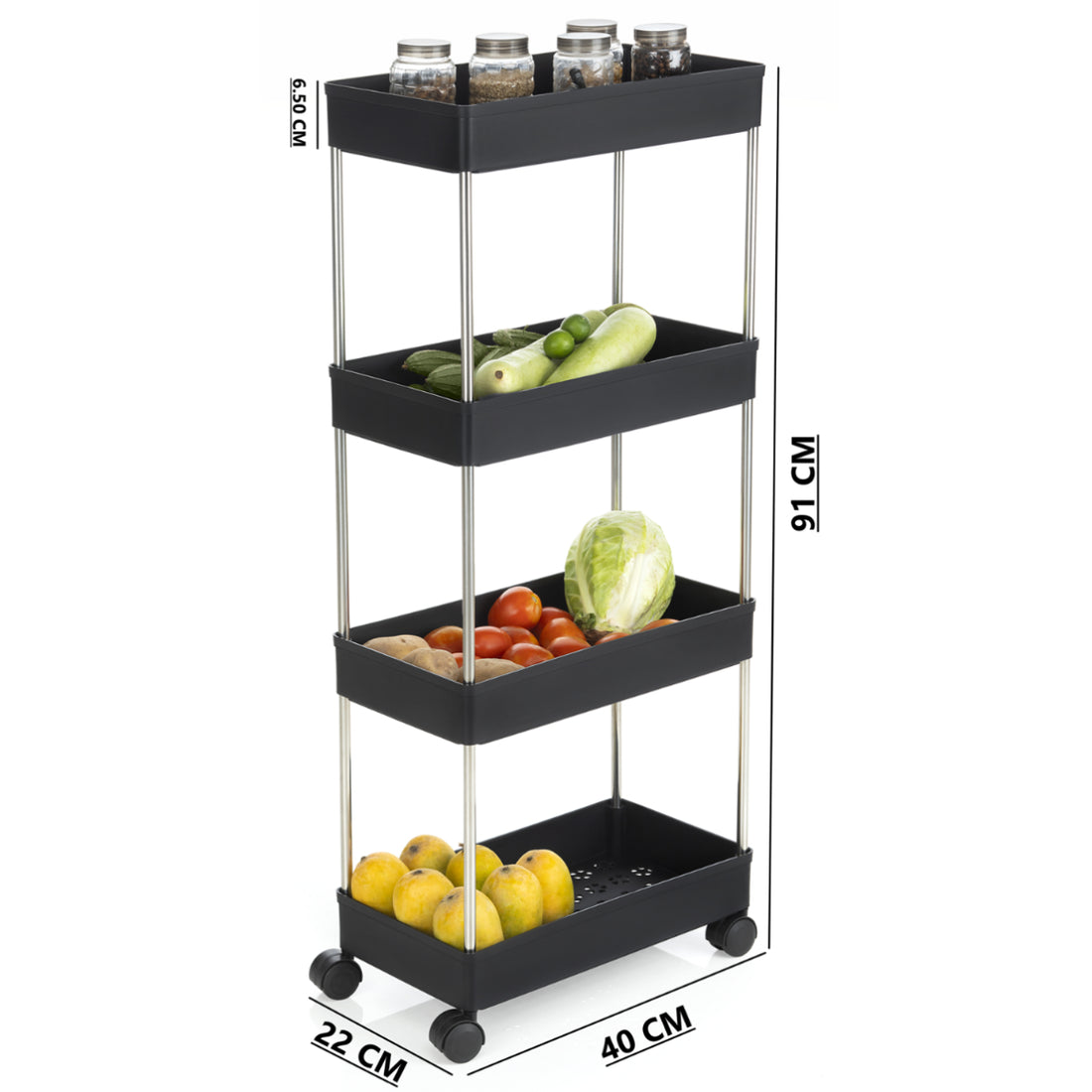 PALAK 4 Layer Plastic Kitchen Trolley (Black)