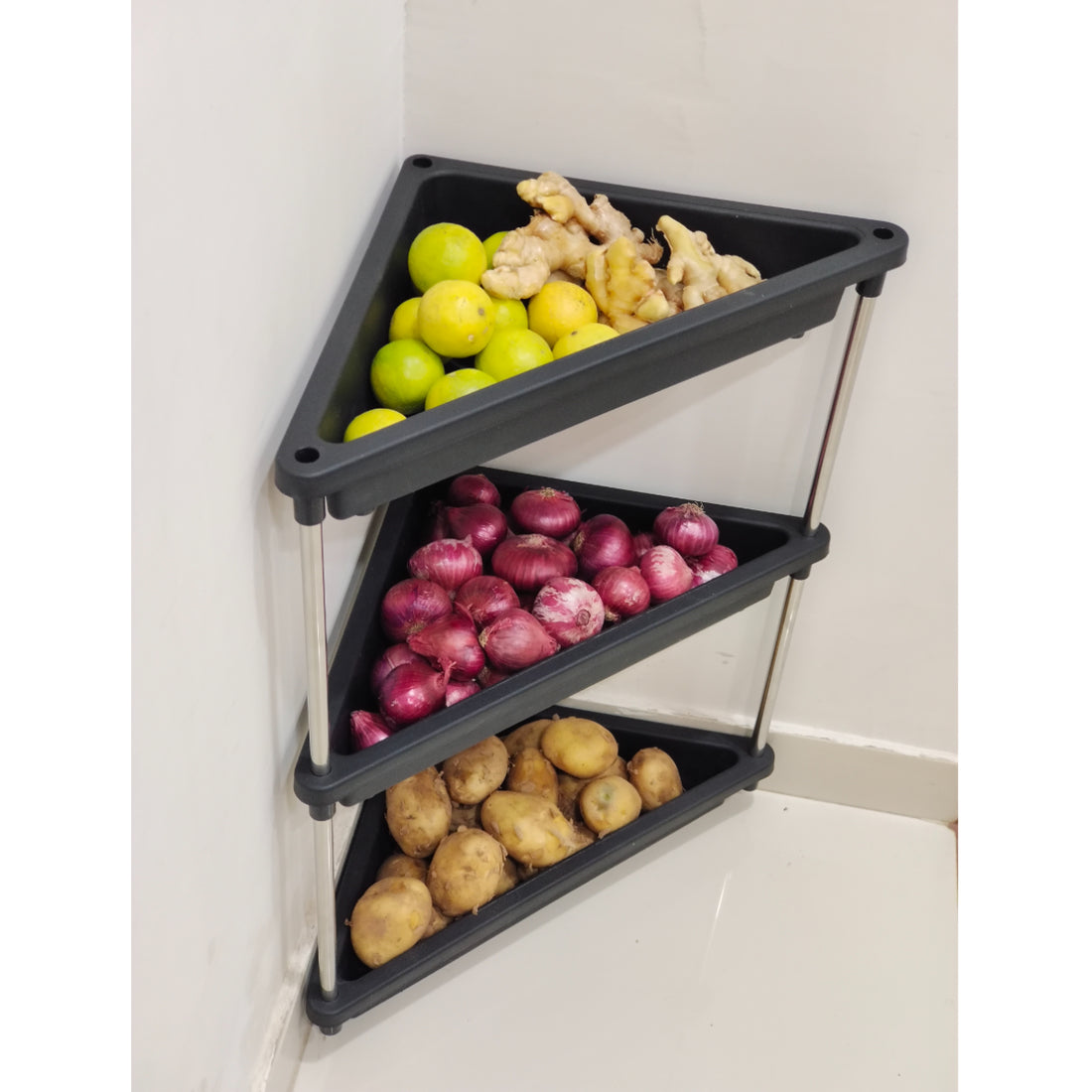 PALAK 3 layer Plastic Kitchen Trolley with Fruit & Vegetable Storage Baskets(black)