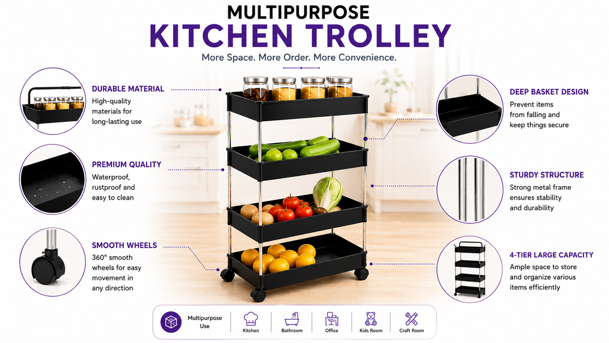 PALAK 4 Layer Plastic Kitchen Trolley (Black)