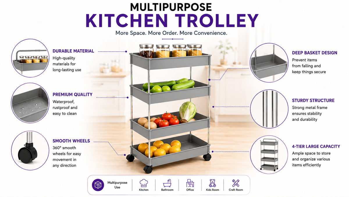 PALAK 3 Layer Plastic Kitchen Trolley (Grey)
