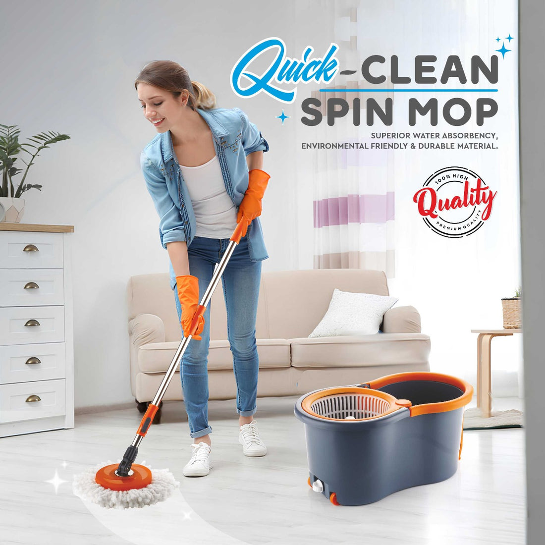 PALAK Gamma 360° Spin Mop Set with Twin Bucket & 2 Microfiber Heads (Orange)