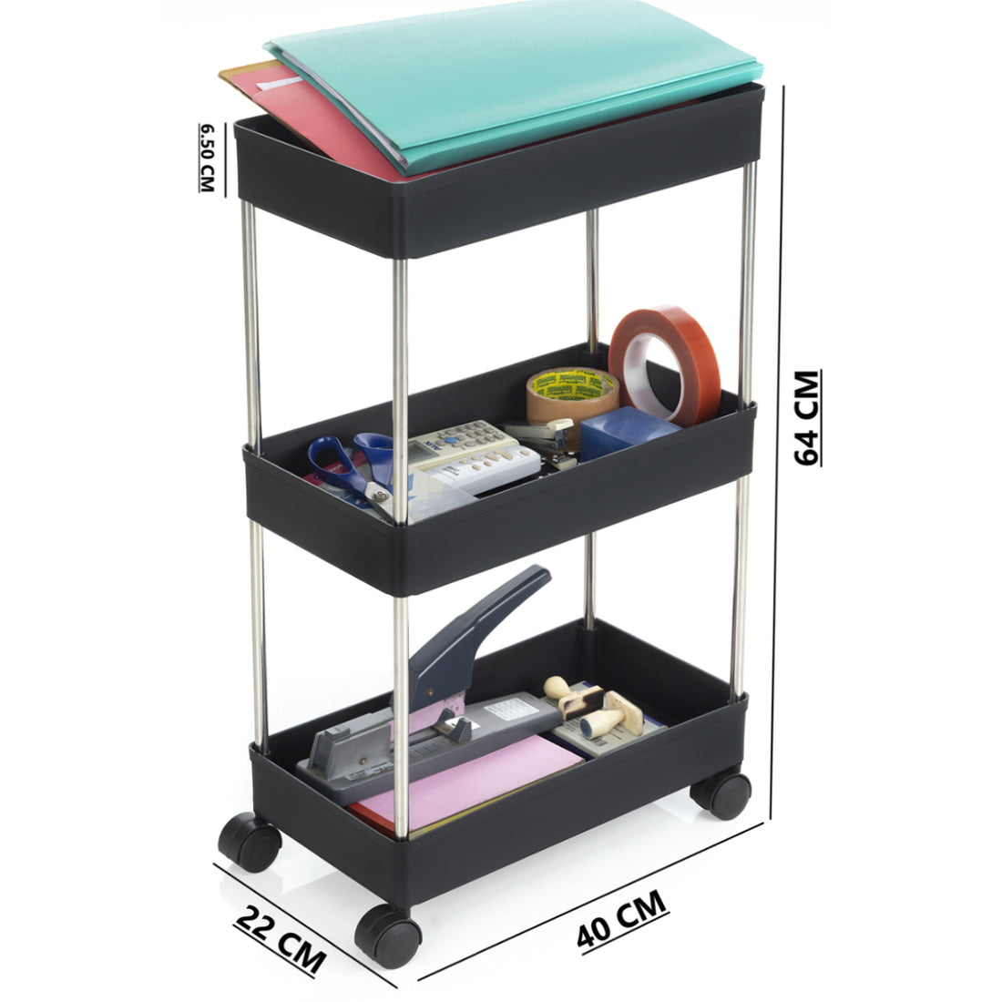 PALAK 3 Layer Plastic Kitchen Trolley (Black)
