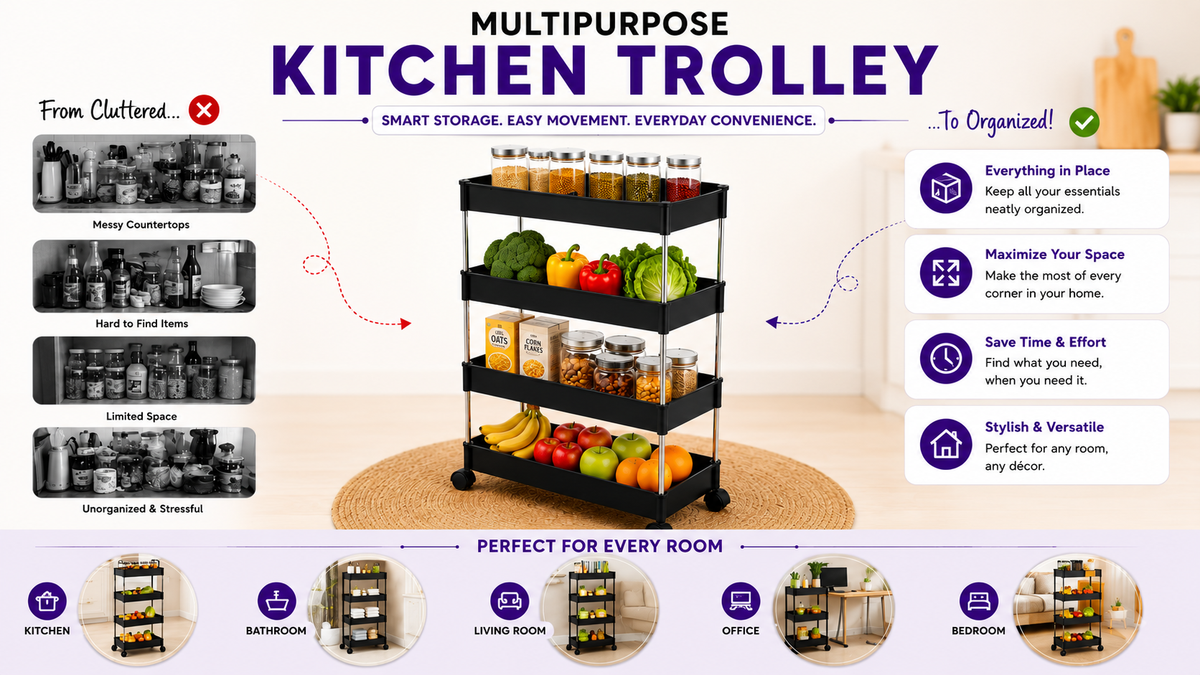 PALAK 4 Layer Plastic Kitchen Trolley (Black)