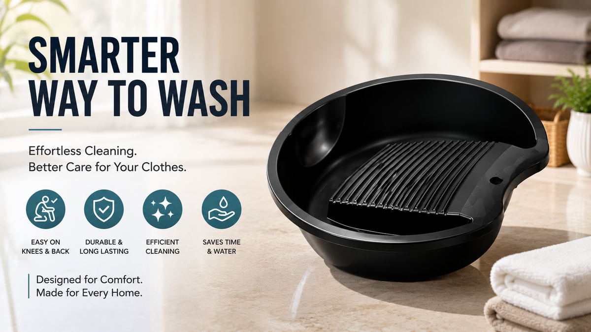PALAK 12L Plastic Laundry Washing Tub with Built-in Washboard – Black