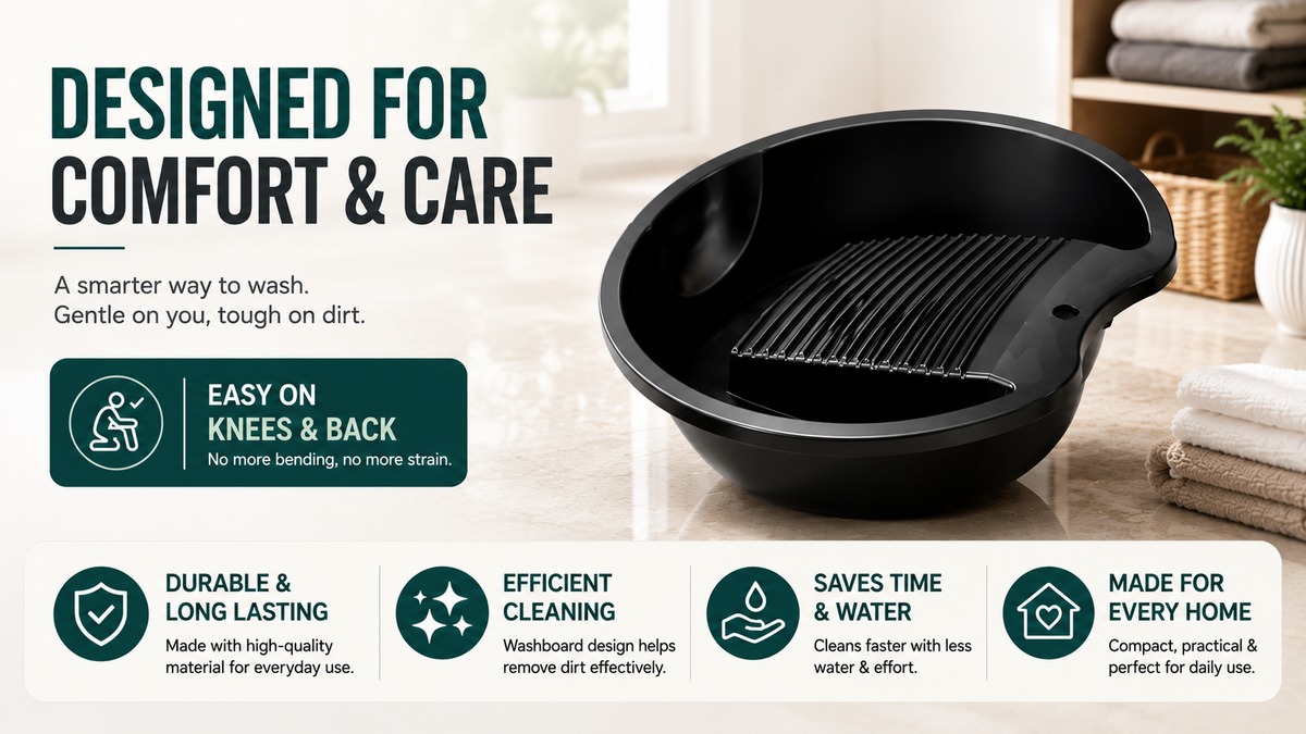 PALAK 12L Plastic Laundry Washing Tub with Built-in Washboard – Black