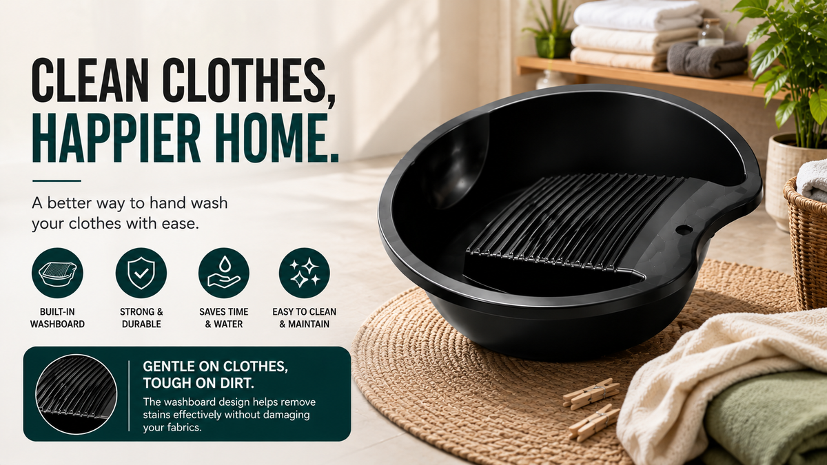 PALAK 12L Plastic Laundry Washing Tub with Built-in Washboard – Black