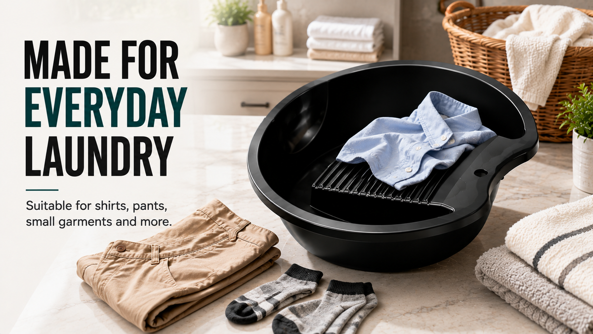 PALAK 12L Plastic Laundry Washing Tub with Built-in Washboard – Black