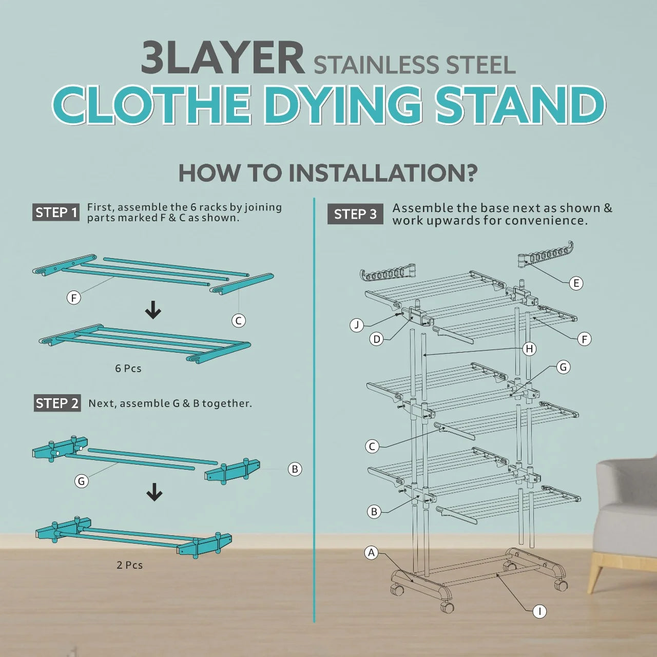 PALAK Extra Large 4-Level Modular Cloth Drying Stand with Weather-Resistant Frame(Blue)