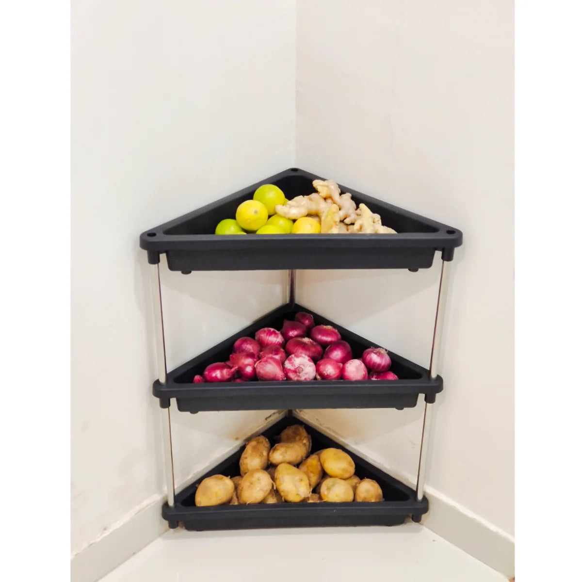 PALAK 3 layer Plastic Kitchen Trolley with Fruit & Vegetable Storage Baskets(black)