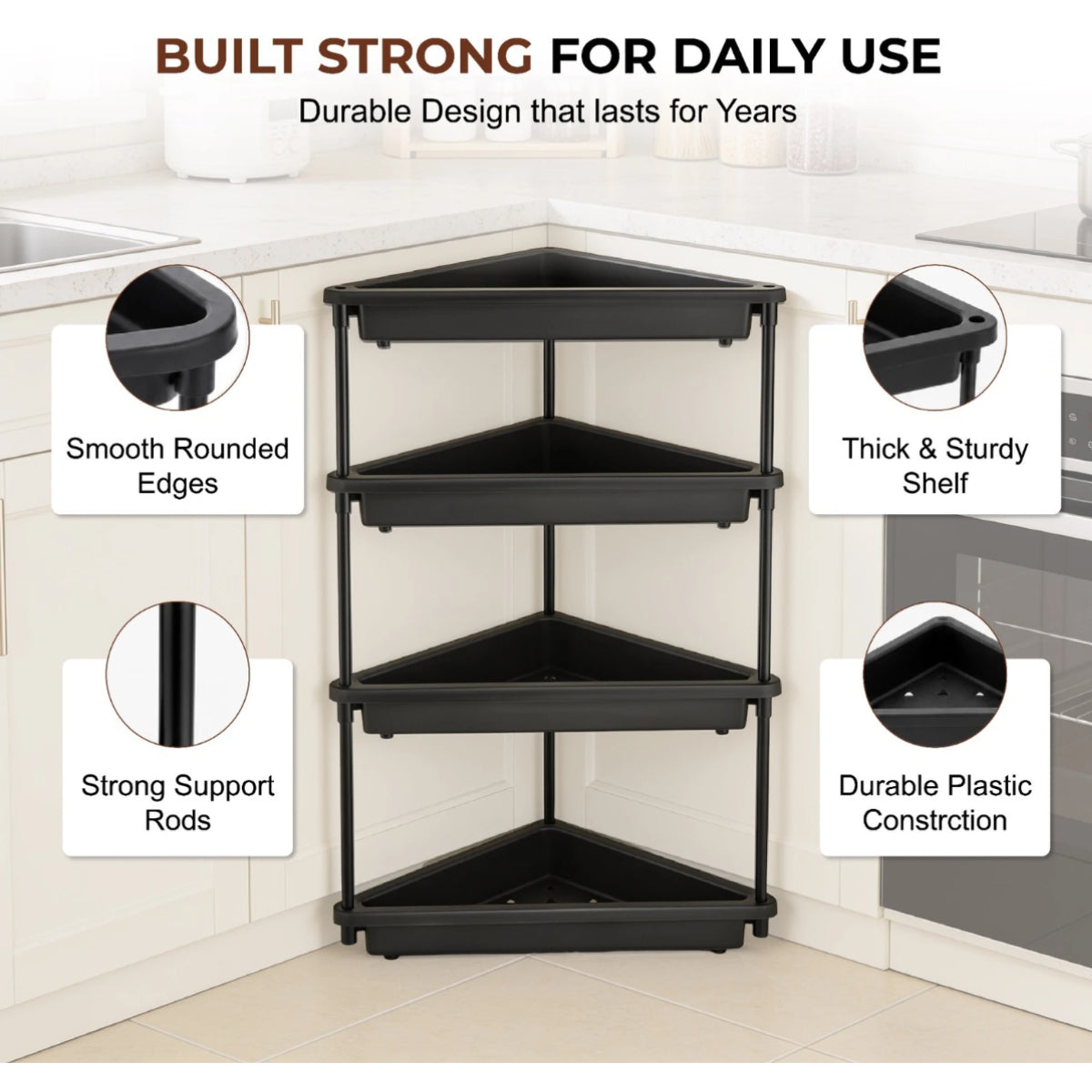 PALAK 4 Tier Plastic Corner Rack (Black) | Multipurpose Bathroom & Kitchen Organizer