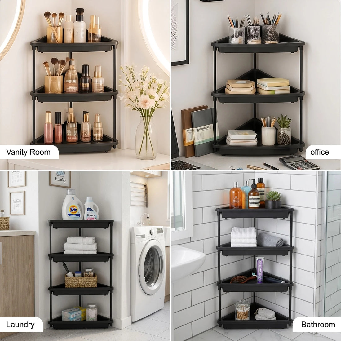 PALAK 4 Tier Plastic Corner Rack (Black) | Multipurpose Bathroom & Kitchen Organizer