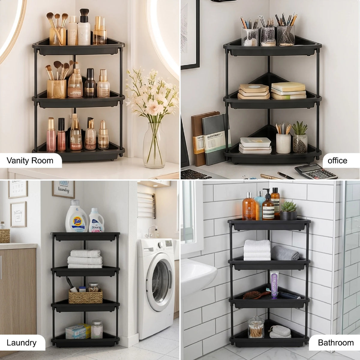 PALAK 4 Tier Plastic Corner Rack (Black) | Multipurpose Bathroom & Kitchen Organizer