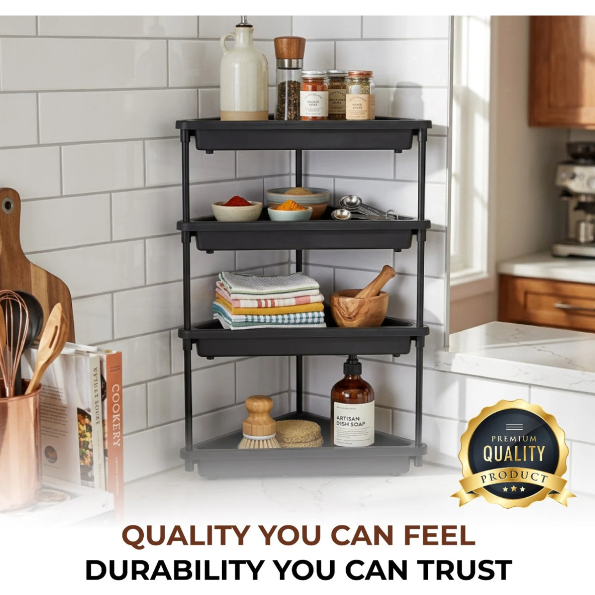 PALAK 4 Tier Plastic Corner Rack (Black) | Multipurpose Bathroom & Kitchen Organizer