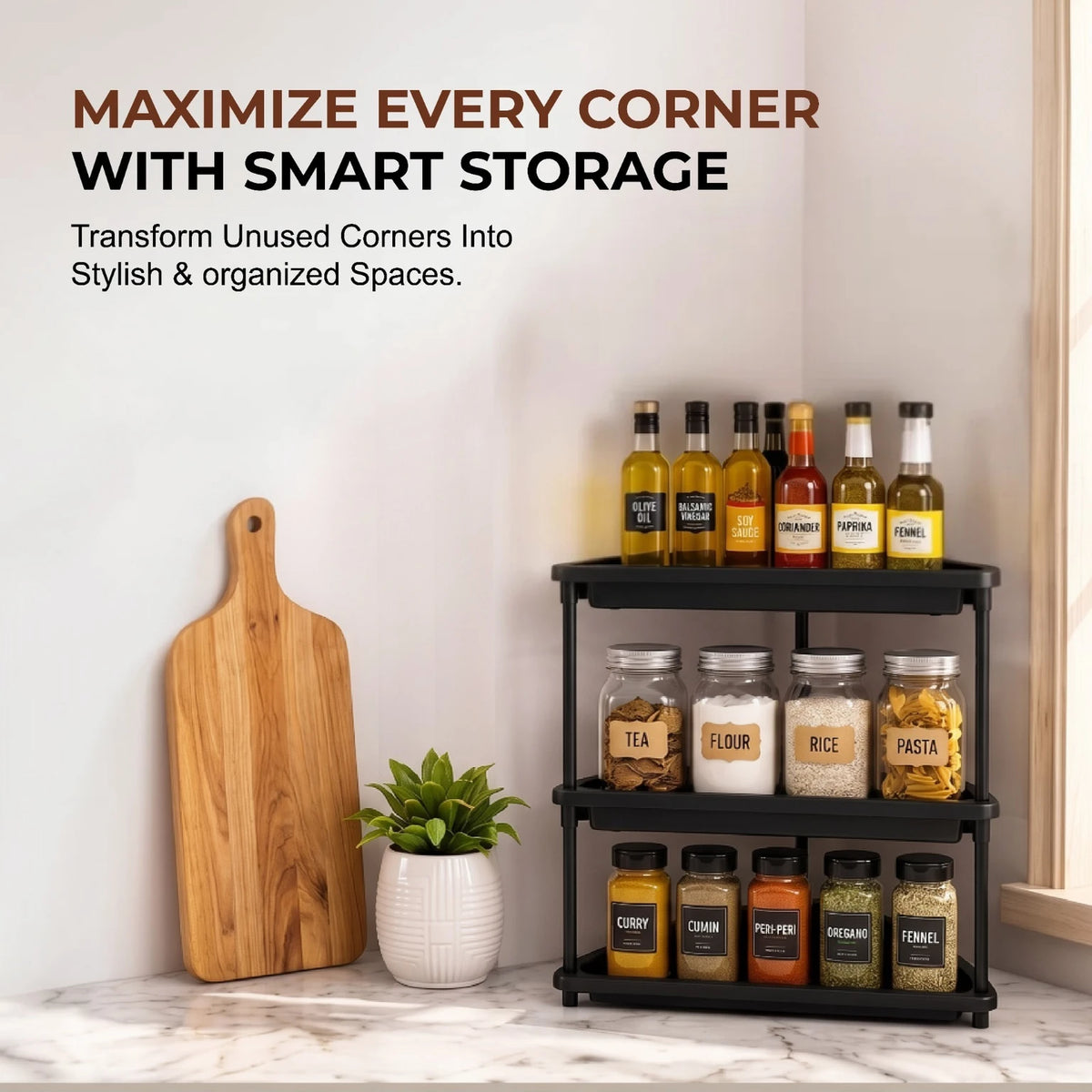 PALAK 4 Tier Plastic Corner Rack (Black) | Multipurpose Bathroom & Kitchen Organizer