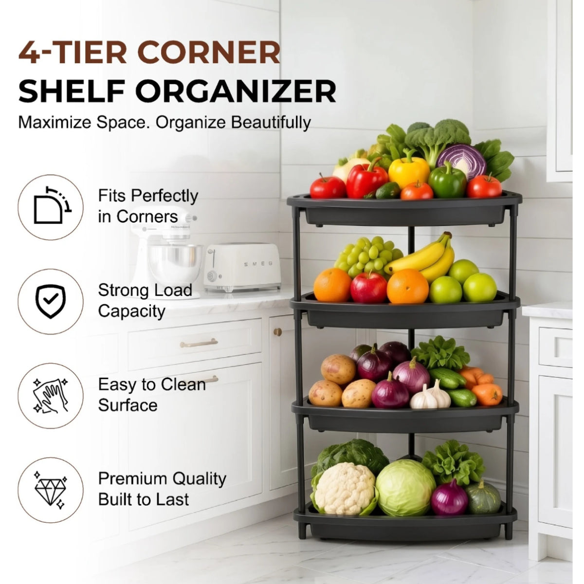 PALAK 4 Tier Plastic Corner Rack (Black) | Multipurpose Bathroom & Kitchen Organizer