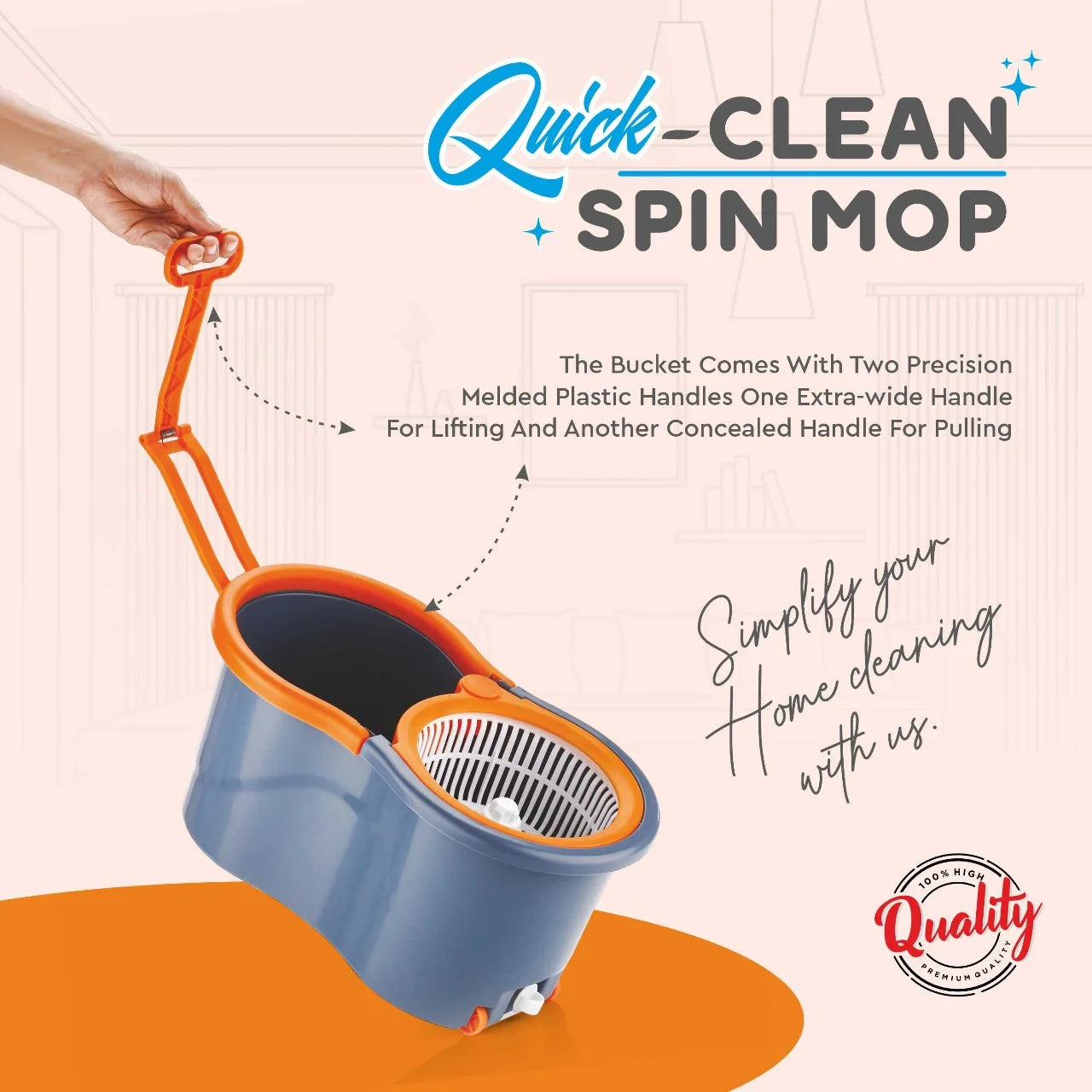 PALAK Gamma 360° Spin Mop Set with Twin Bucket & 2 Microfiber Heads (Orange)