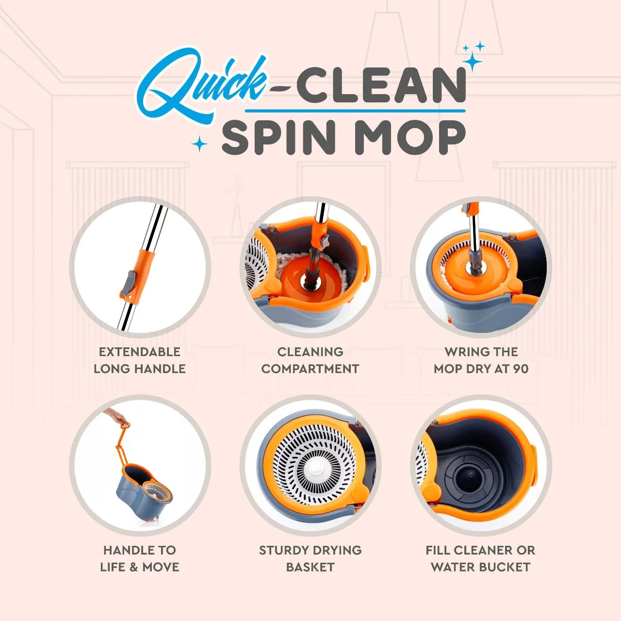 PALAK Gamma 360° Spin Mop Set with Twin Bucket & 2 Microfiber Heads (Orange)