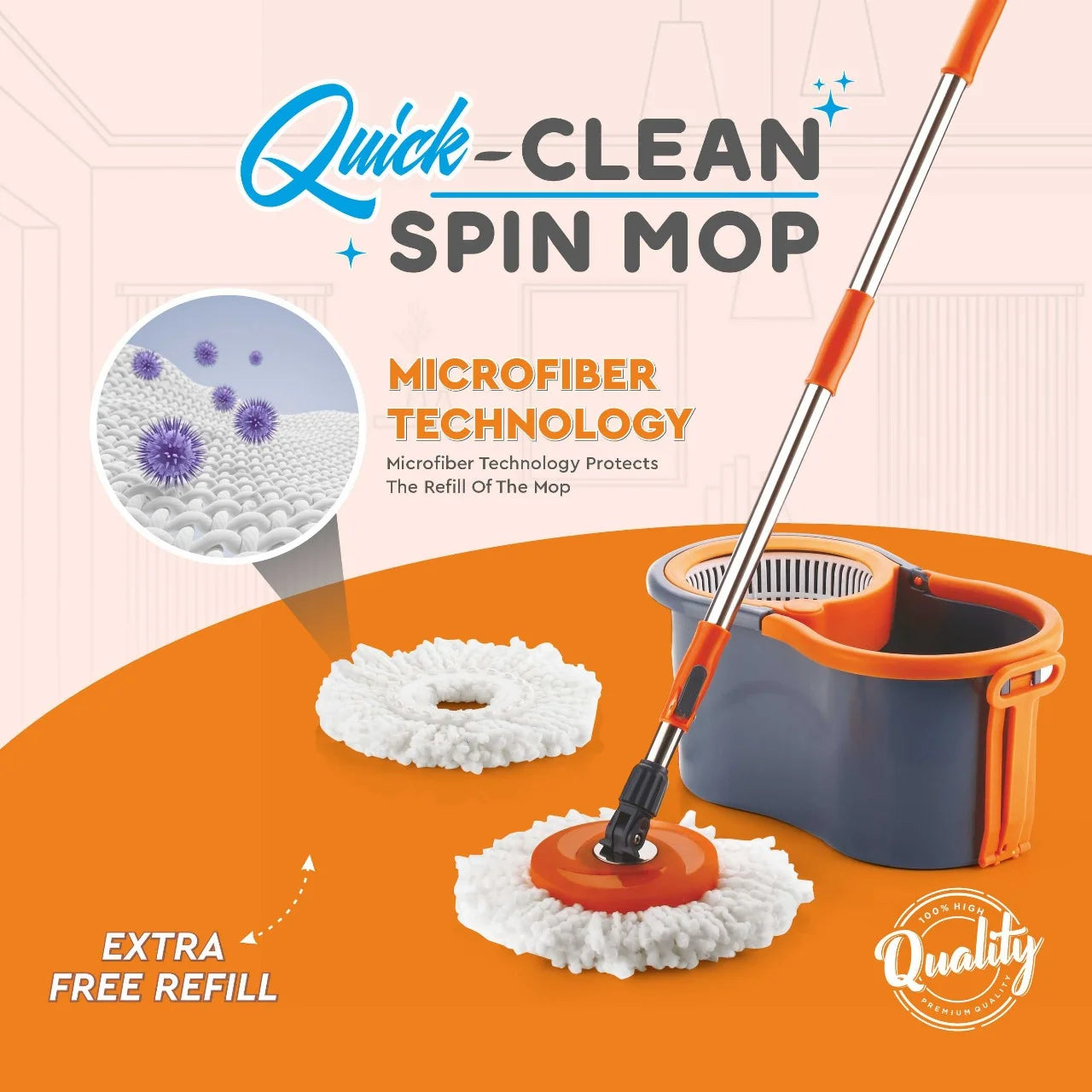PALAK Gamma 360° Spin Mop Set with Twin Bucket & 2 Microfiber Heads (Orange)