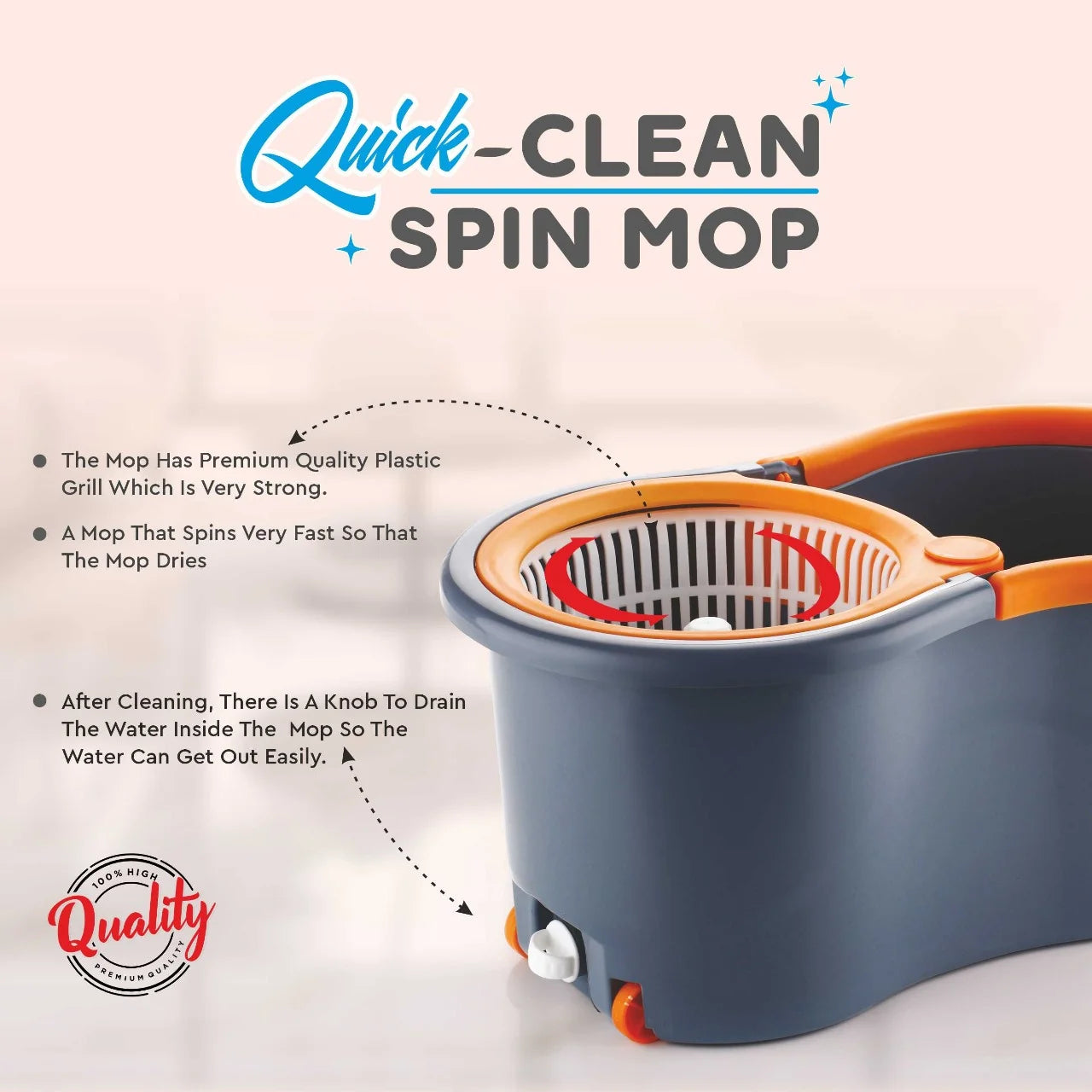 PALAK Gamma 360° Spin Mop Set with Twin Bucket & 2 Microfiber Heads (Orange)