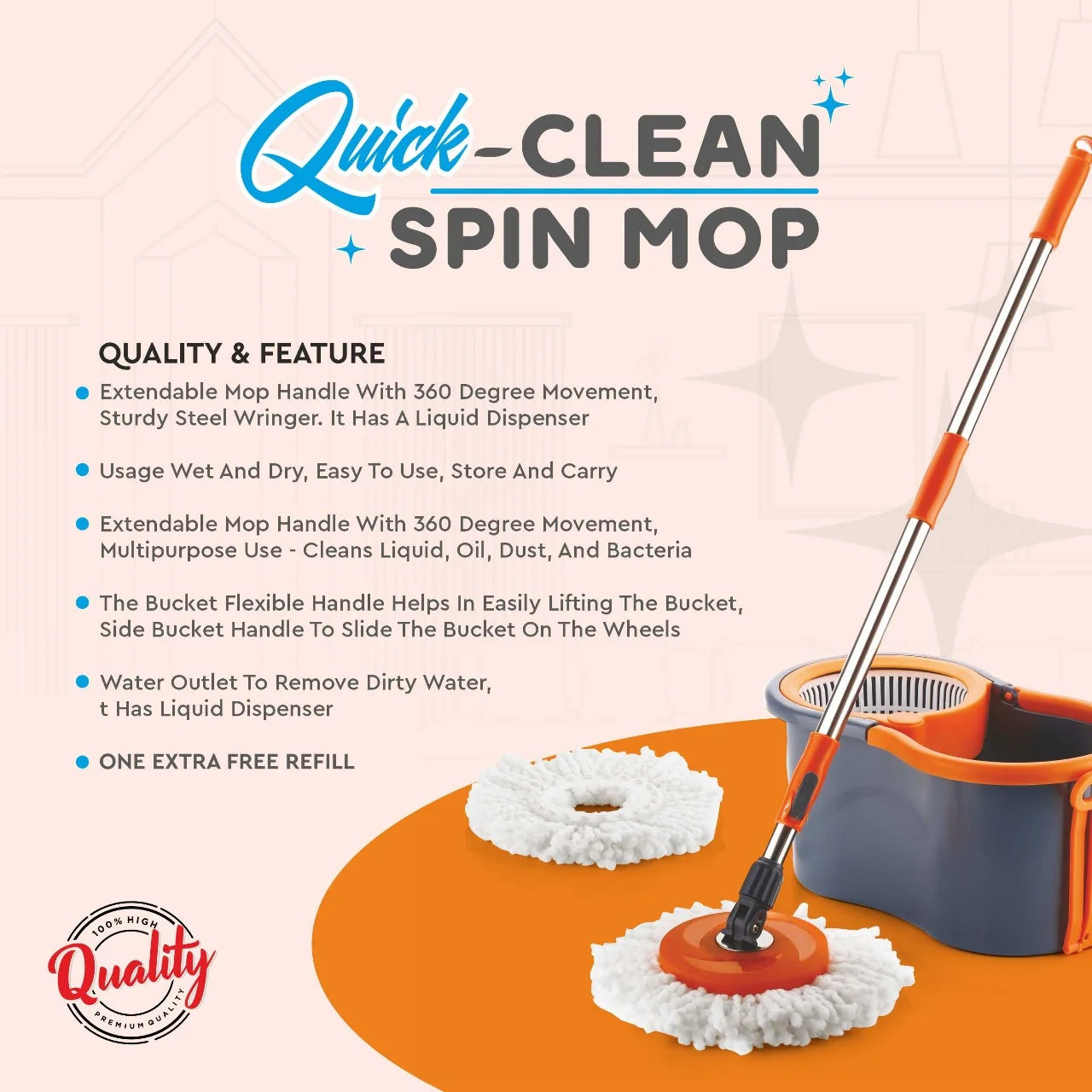 PALAK Gamma 360° Spin Mop Set with Twin Bucket & 2 Microfiber Heads (Orange)