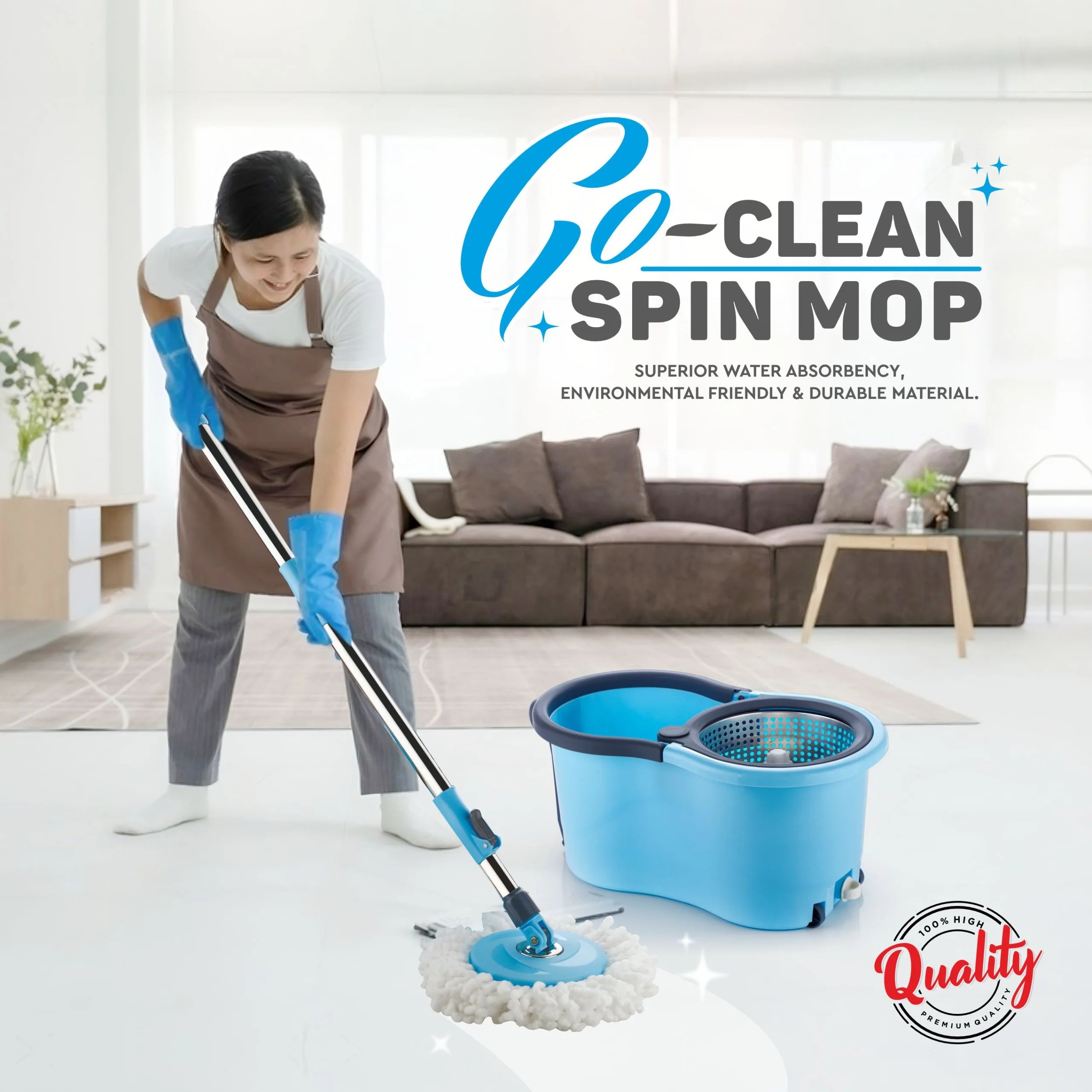 PALAK 360° Spin Mop with Wheels & Large Bucket, Microfiber Floor Cleaning Mop Set for Home (Blue)