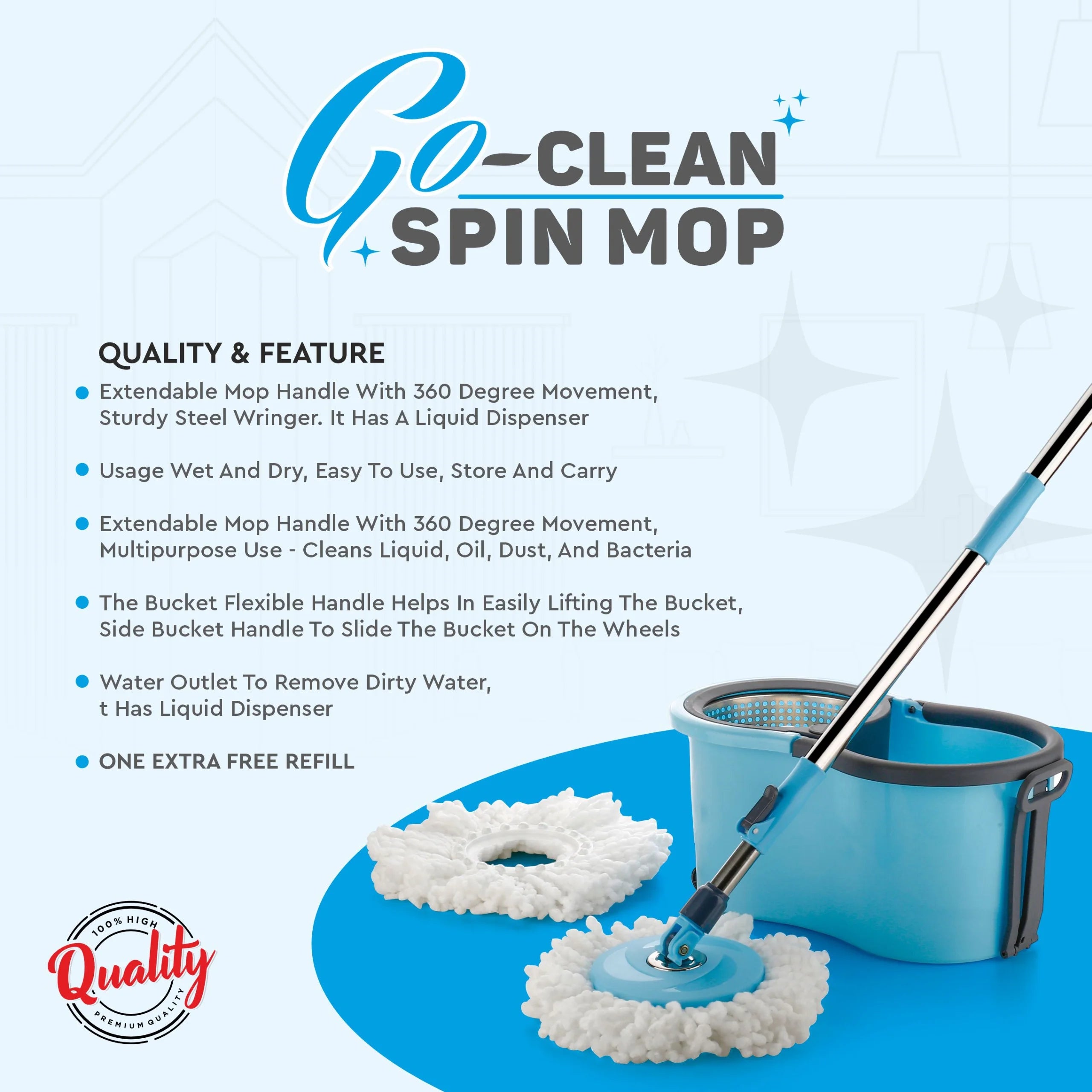 PALAK 360° Spin Mop with Wheels & Large Bucket, Microfiber Floor Cleaning Mop Set for Home (Blue)