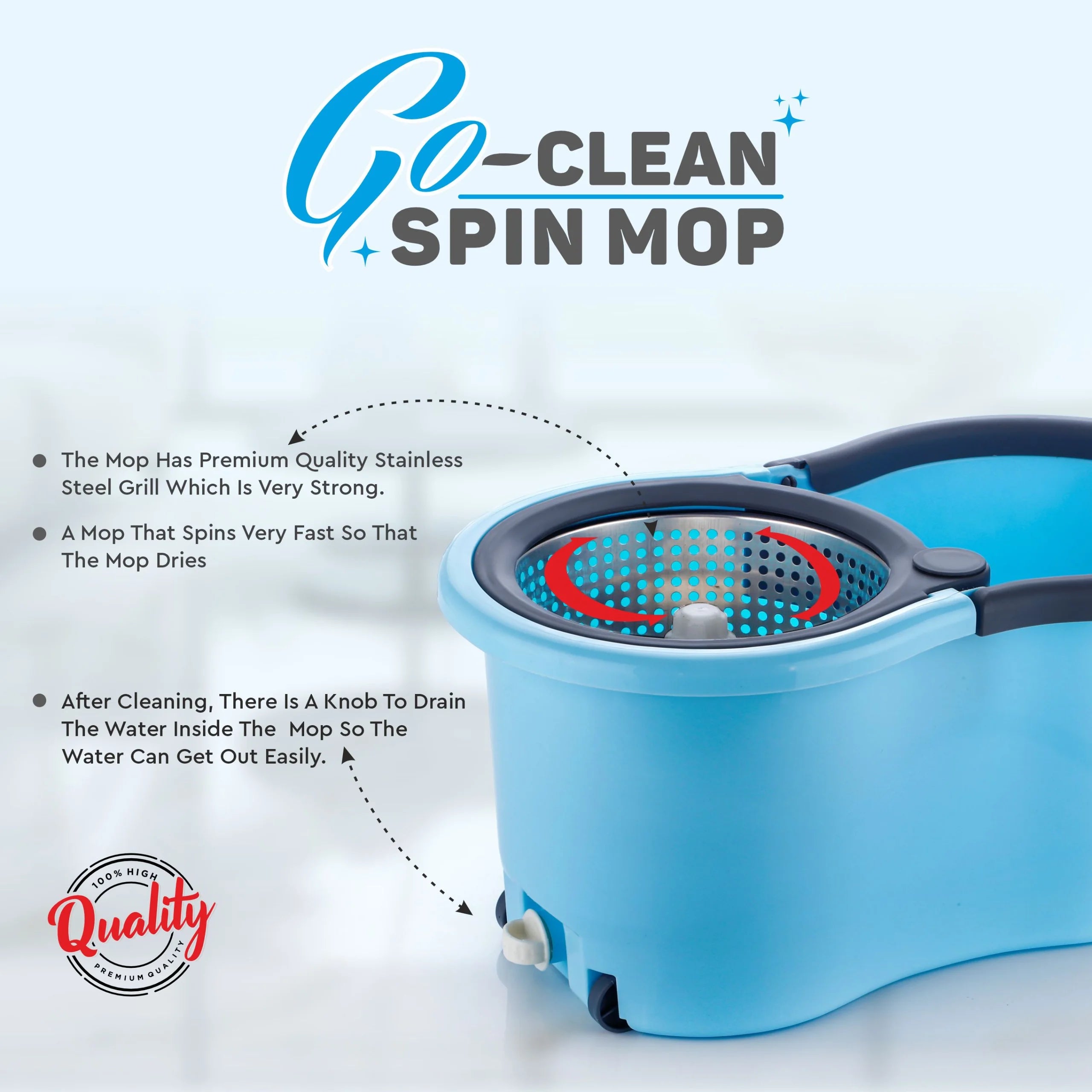 PALAK 360° Spin Mop with Wheels & Large Bucket, Microfiber Floor Cleaning Mop Set for Home (Blue)