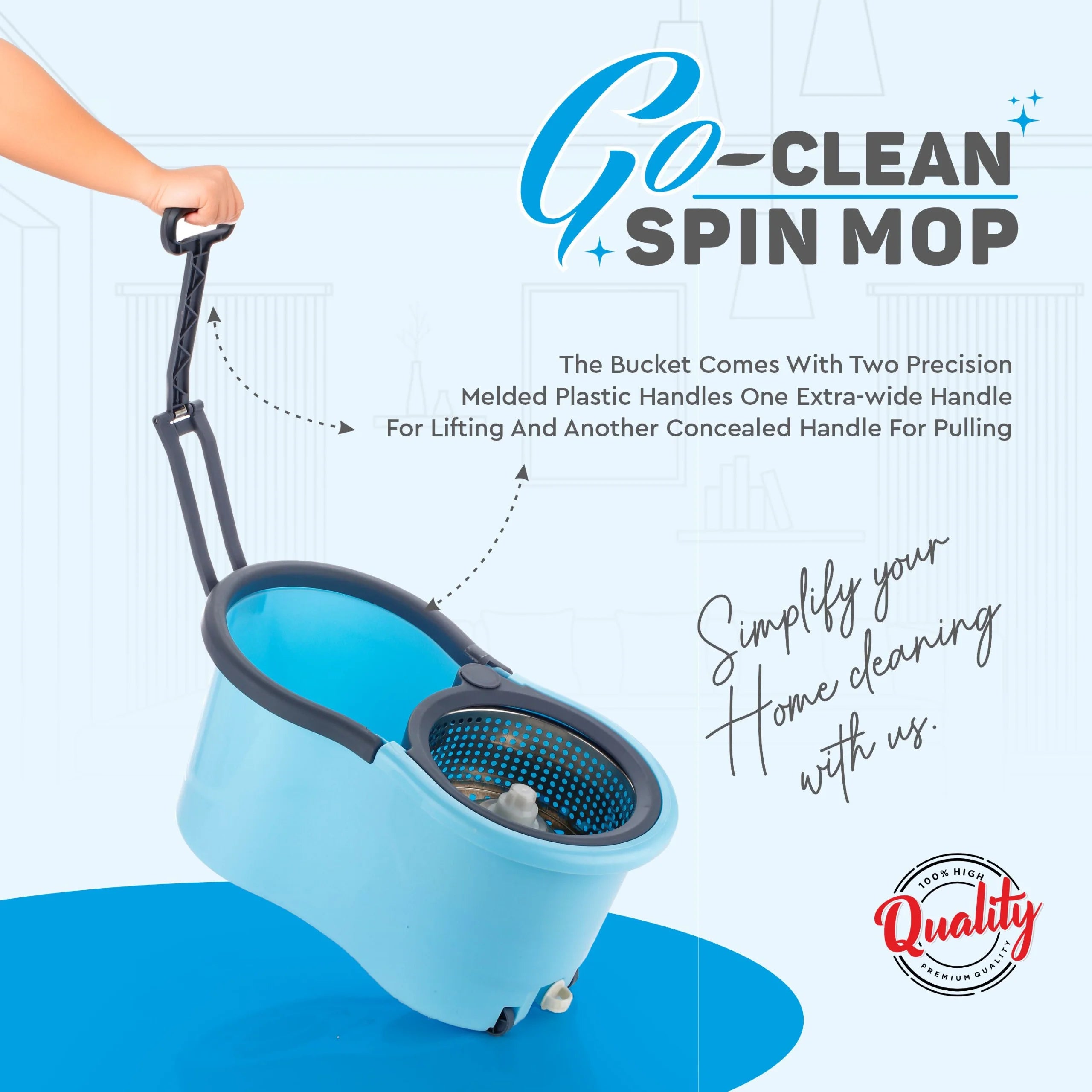 PALAK 360° Spin Mop with Wheels & Large Bucket, Microfiber Floor Cleaning Mop Set for Home (Blue)