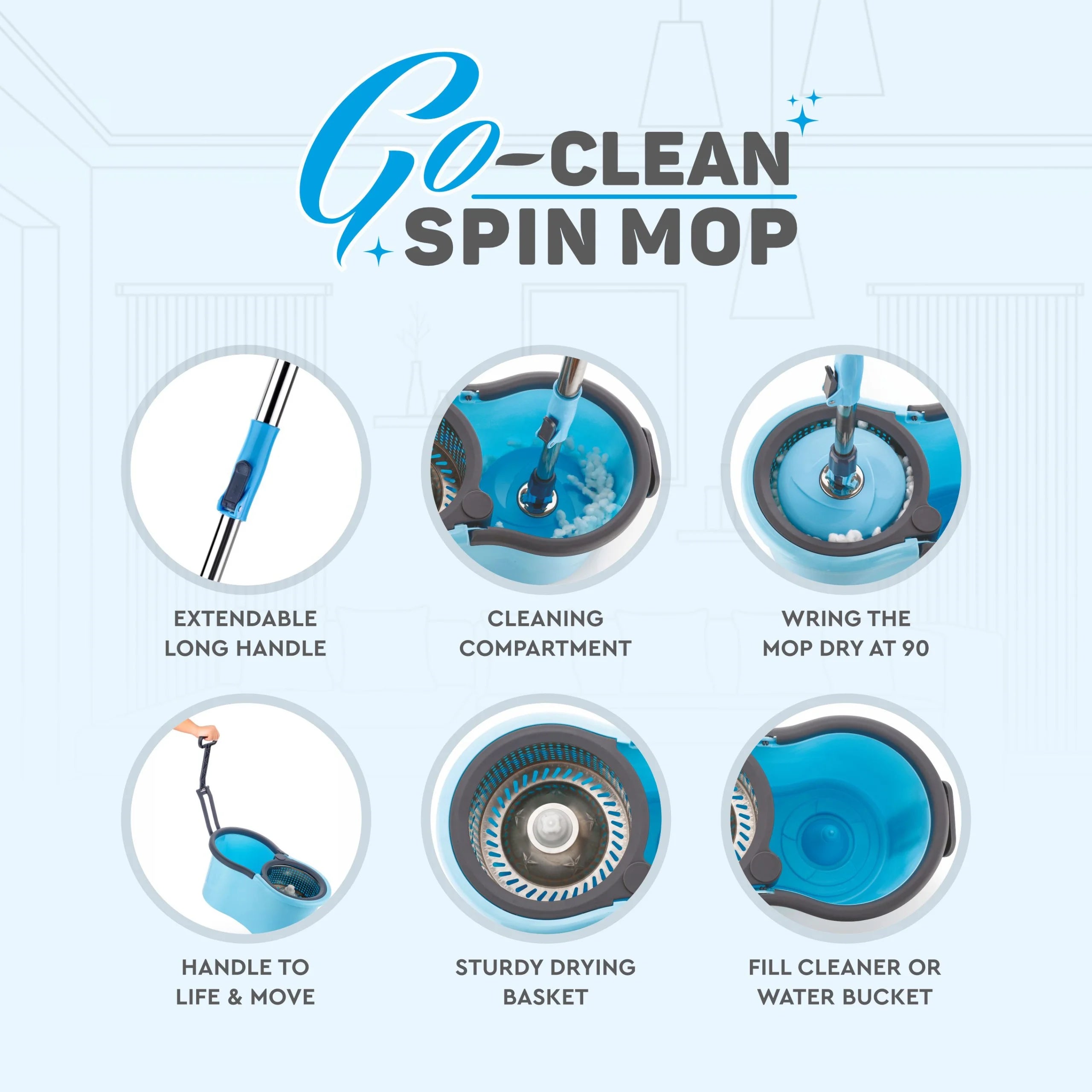 PALAK 360° Spin Mop with Wheels & Large Bucket, Microfiber Floor Cleaning Mop Set for Home (Blue)