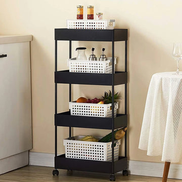PALAK 4 Layer Plastic Pipe Kitchen Trolley (Black)