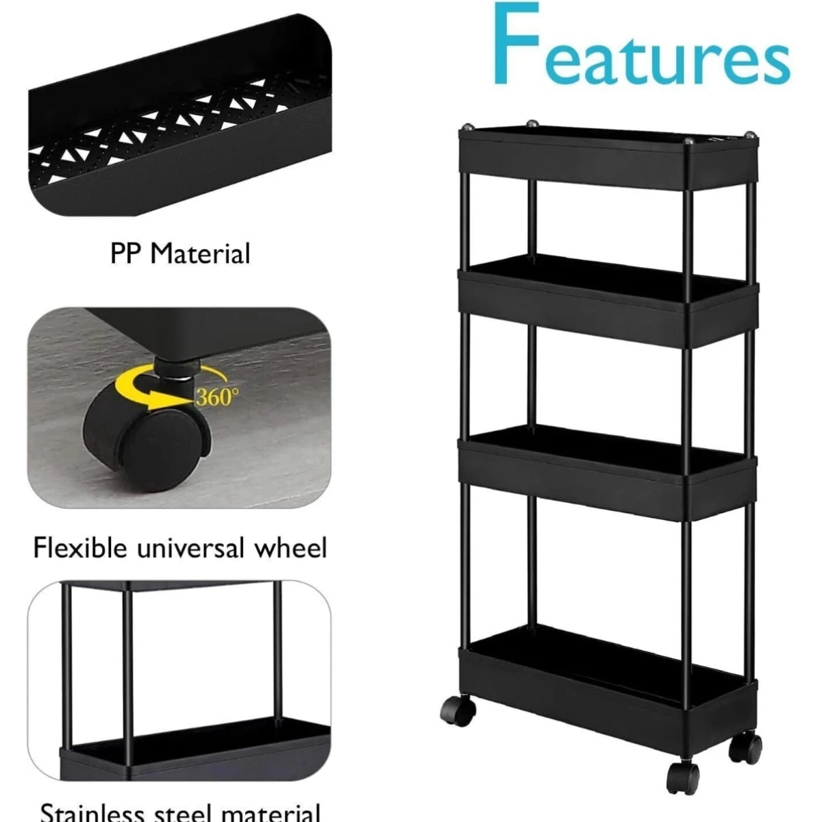 PALAK 4 Layer Plastic Pipe Kitchen Trolley (Black)