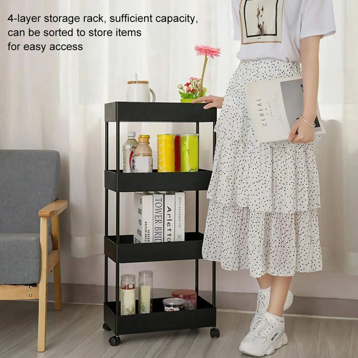 PALAK 4 Layer Plastic Pipe Kitchen Trolley (Black)