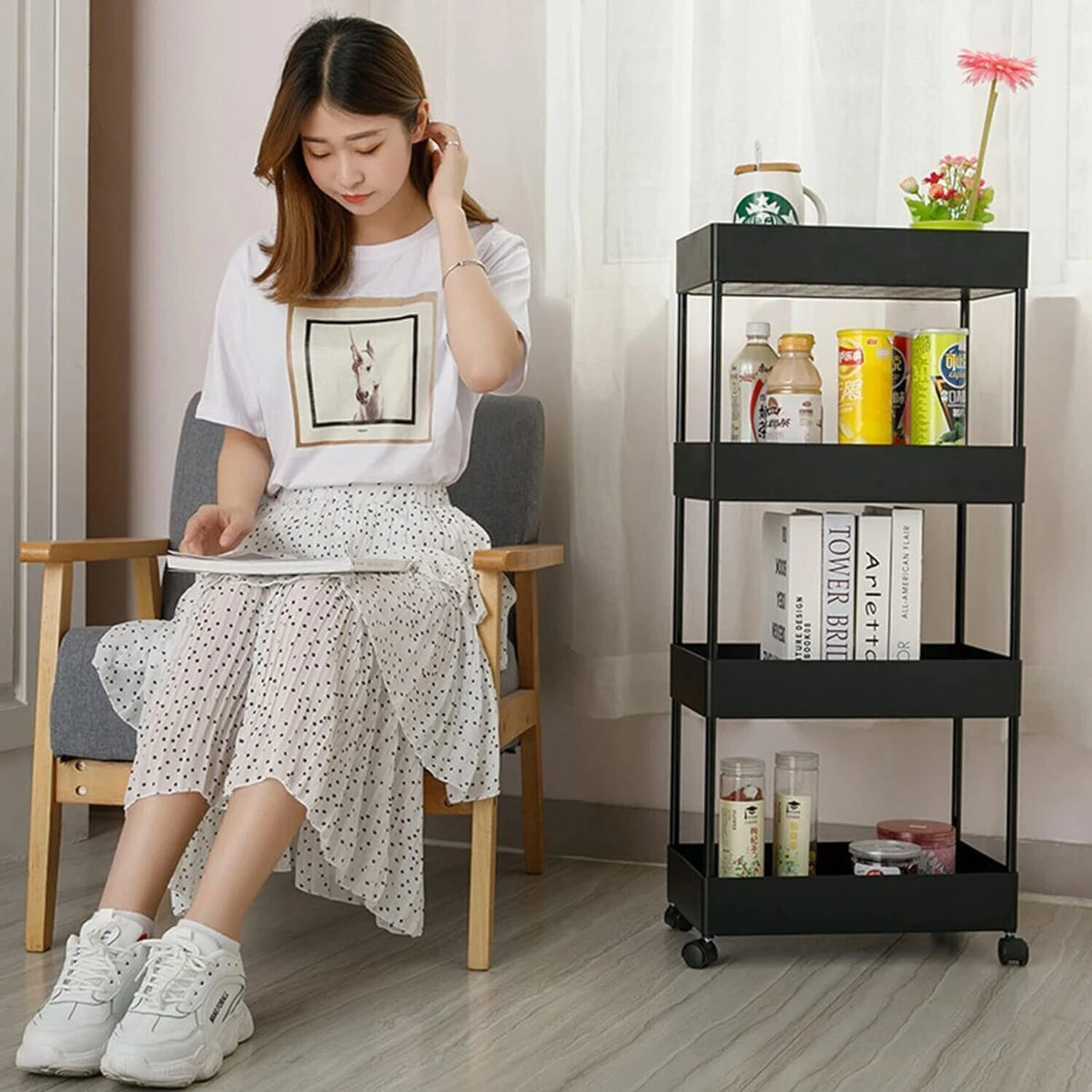 PALAK 4 Layer Plastic Pipe Kitchen Trolley (Black)