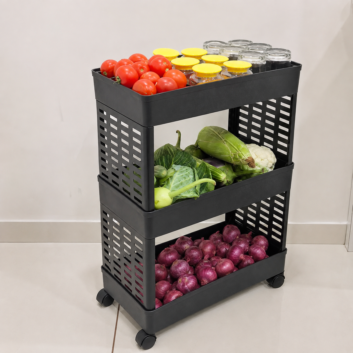 PALAK 3 Layer Plastic Kitchen Trolley Rack (Black)