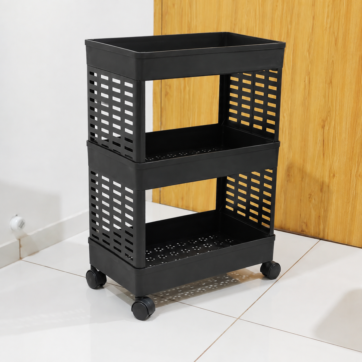 PALAK 3 Layer Plastic Kitchen Trolley Rack (Black)