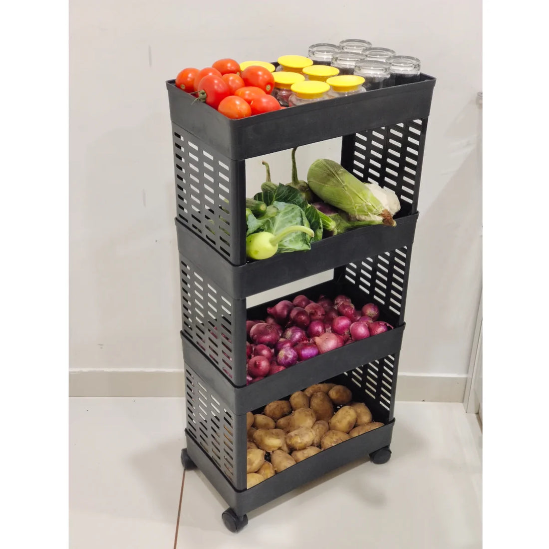 PALAK 4 Layer Plastic Kitchen Trolley Rack (Black)