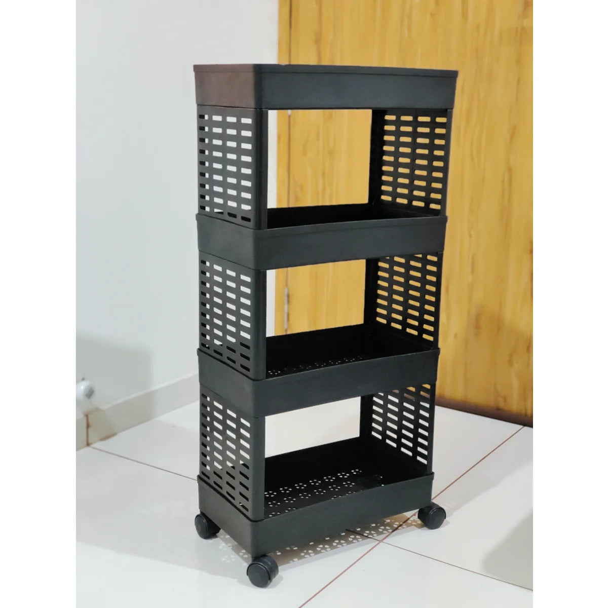 PALAK 4 Layer Plastic Kitchen Trolley Rack (Black)
