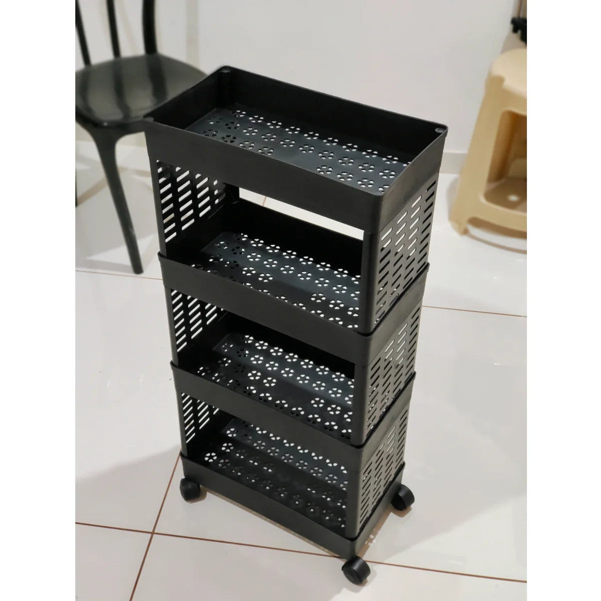 PALAK 4 Layer Plastic Kitchen Trolley Rack (Black)