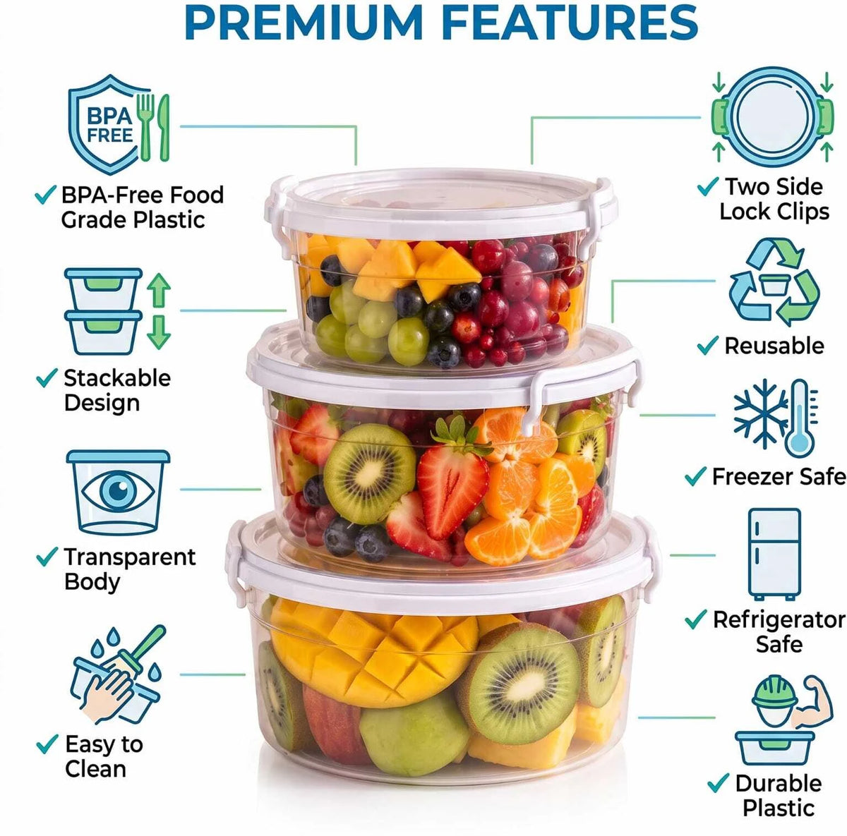 PALAK Plastic Fridge Container  - 700 ml, 1300 ml, 2300 ml (Pack of 3, Transparent)
