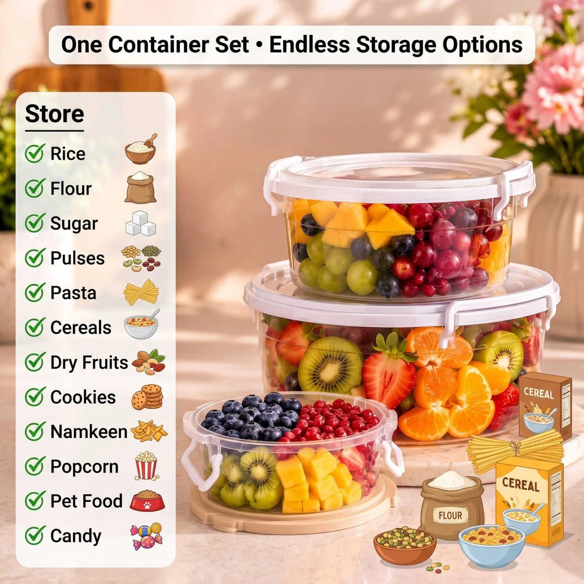 PALAK Plastic Fridge Container  - 700 ml, 1300 ml, 2300 ml (Pack of 3, Transparent)