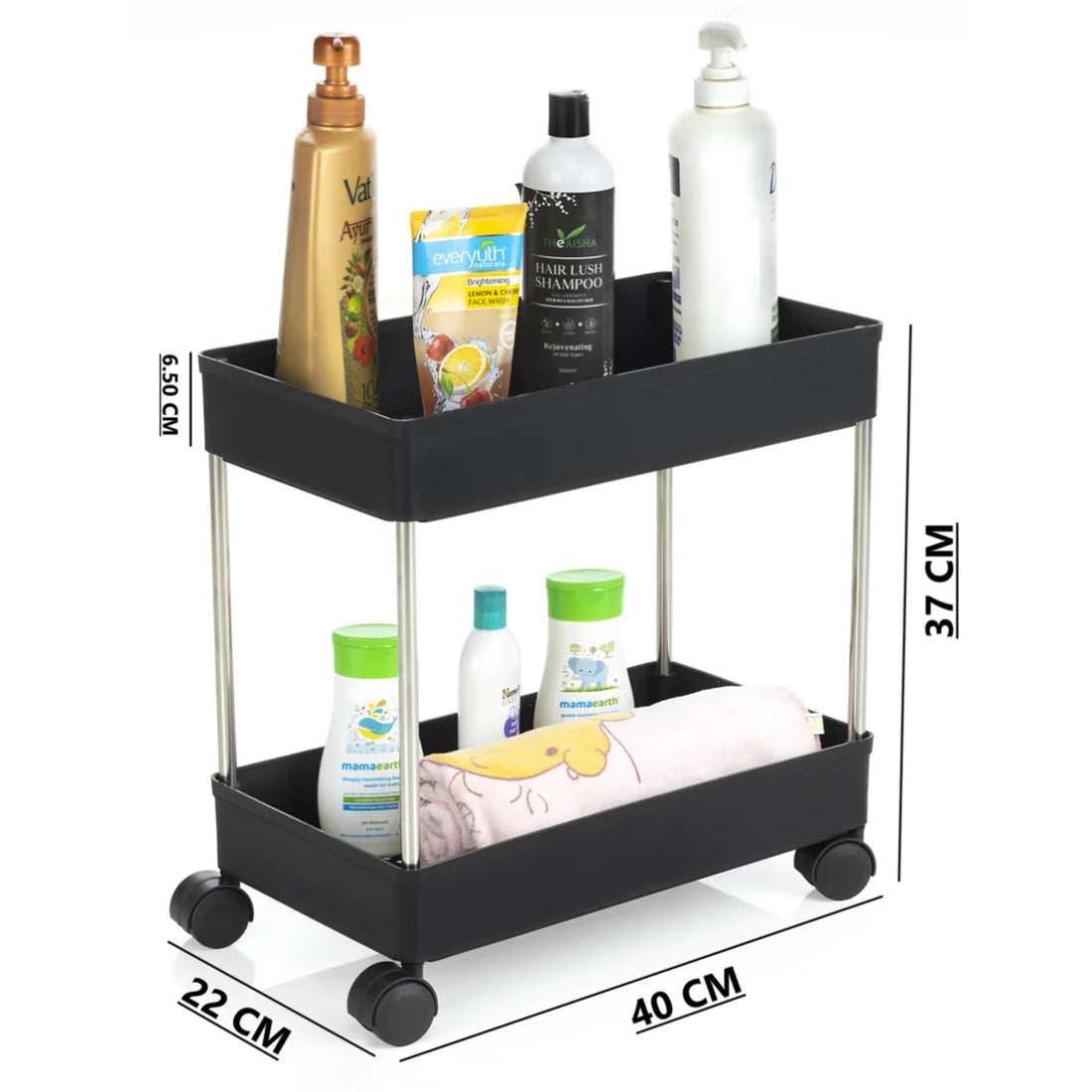 PALAK 2 Layer Plastic Kitchen Trolley (Black)