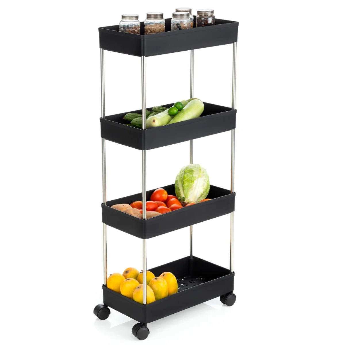PALAK 4 Layer Plastic Kitchen Trolley (Black)