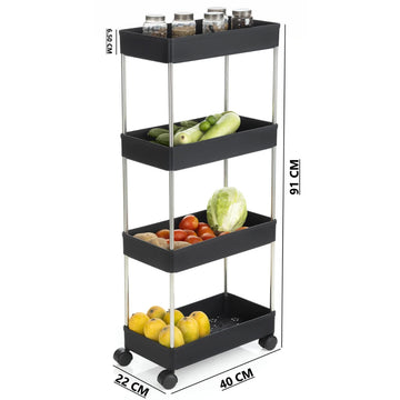 PALAK 4 Layer Plastic Kitchen Trolley (Black)