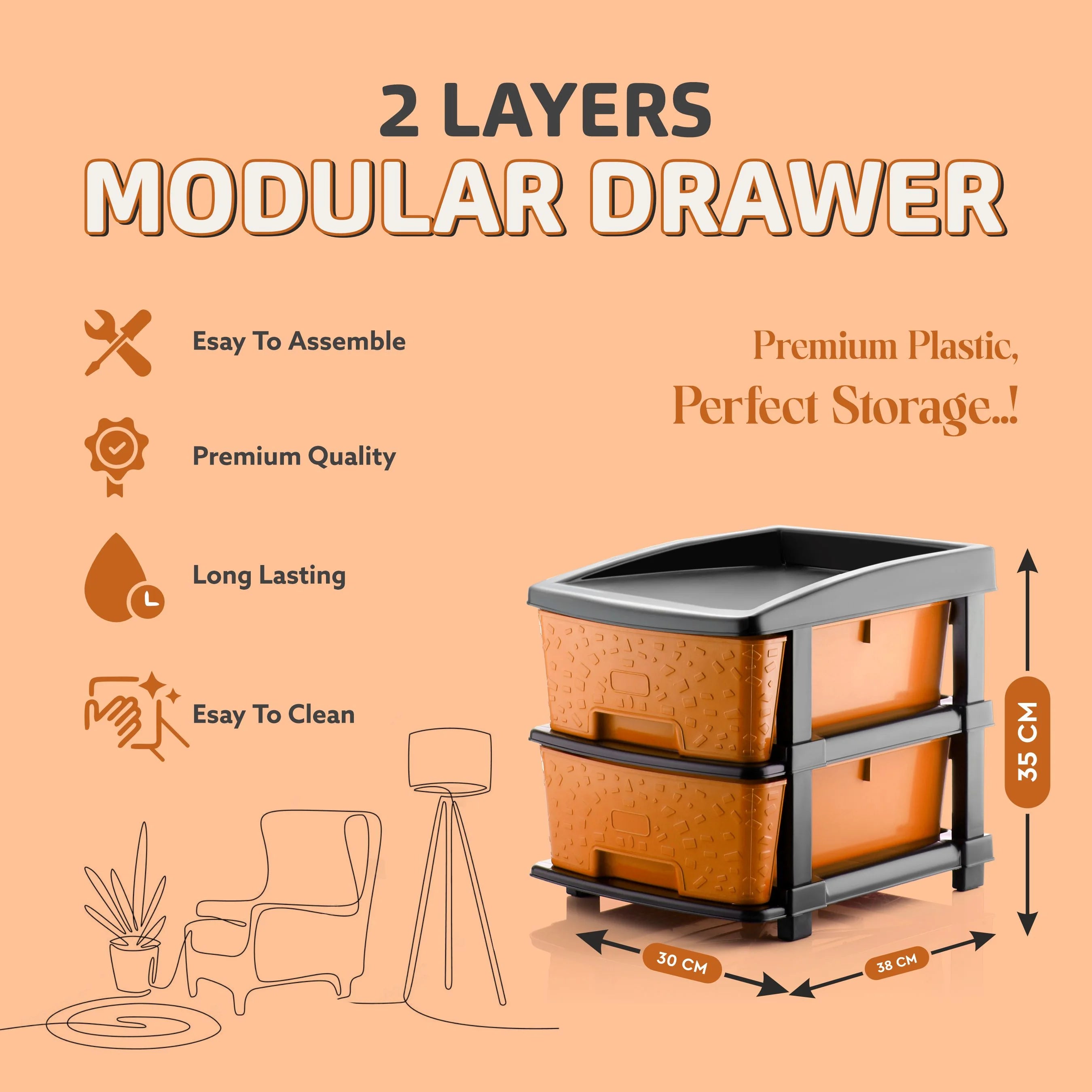 PALAK 2XL Stone Drawer Storage Unit (Orange)