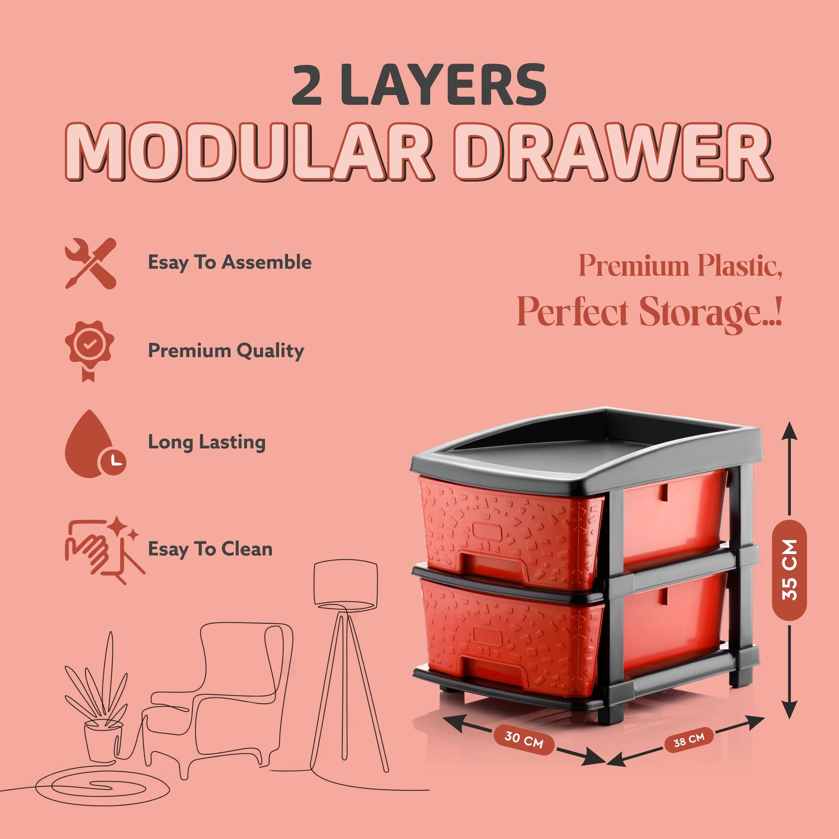 PALAK 2XL Stone Drawer Storage Unit (Red)