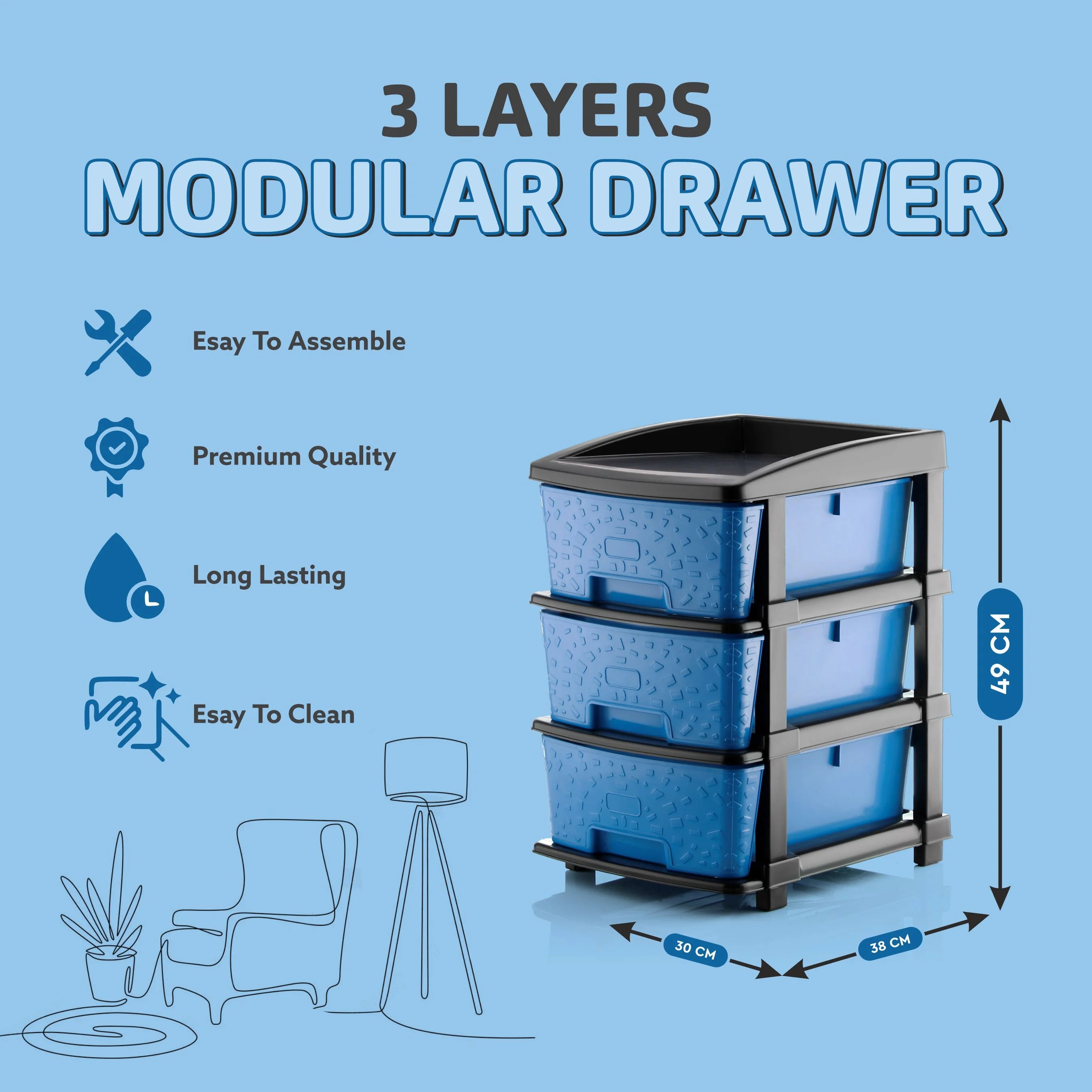 PALAK 3XL Stone Drawer Storage Unit (Blue)