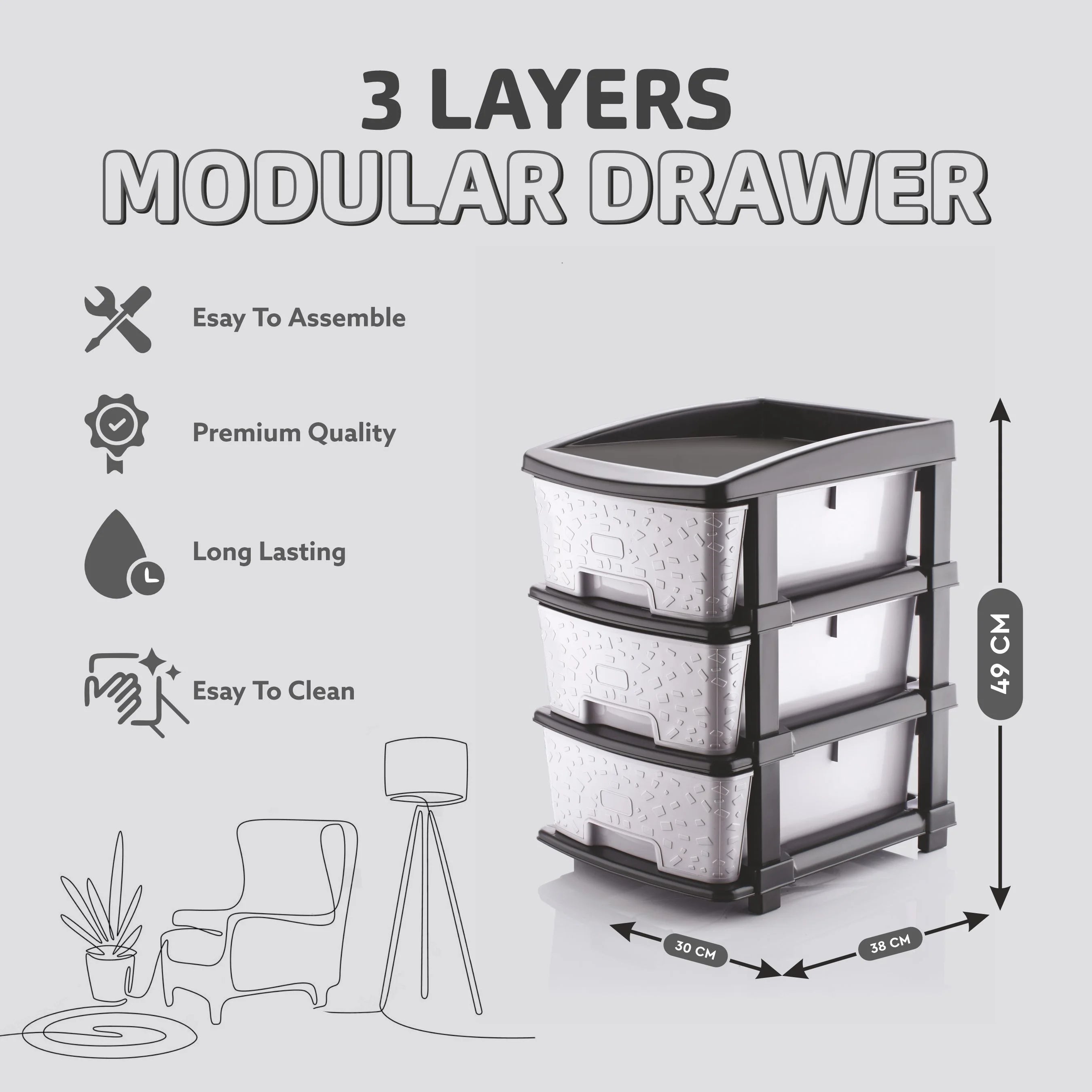 PALAK 3XL Stone Drawer Storage Unit (Grey)